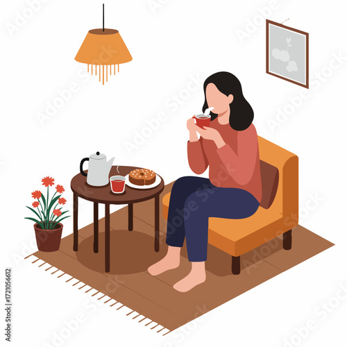 Flat Design Woman Enjoying Afternoon Tea In Living Room Illustration