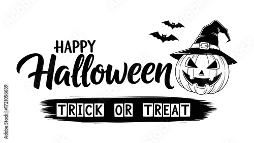 Happy Halloween Design: Festive and eerie design with a grinning jack-o'-lantern, a witch's hat, and the words Happy Halloween in an artistic, captivating design for the spooky season.