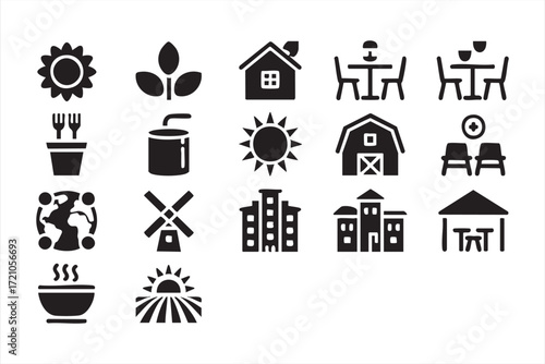 Farming and countryside vector symbols collection, agriculture and lifestyle graphics