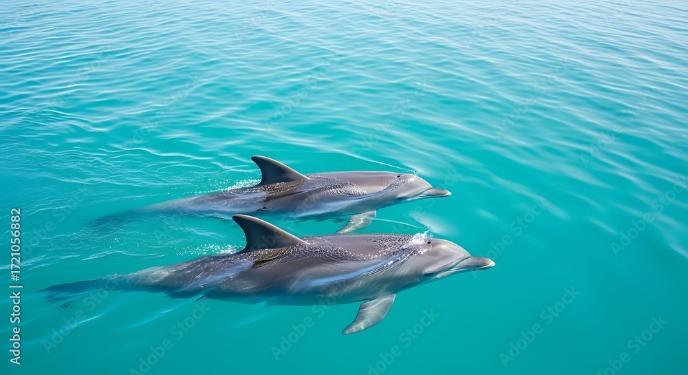 Fototapeta premium Two Dolphins Swimming in Clear Water.