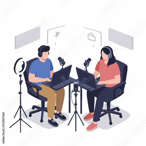 Flat Illustration of Two People Recording Podcast with Equipment and Laptop