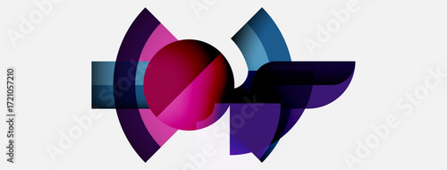 Abstract design features overlapping curved shapes, vibrant purple, pink, blue hues. Minimalist composition on white background.