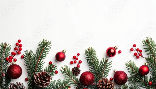 Wallpaper Mural Holiday border with pine branches, red ornaments, berries, and pinecones on white background. Torontodigital.ca