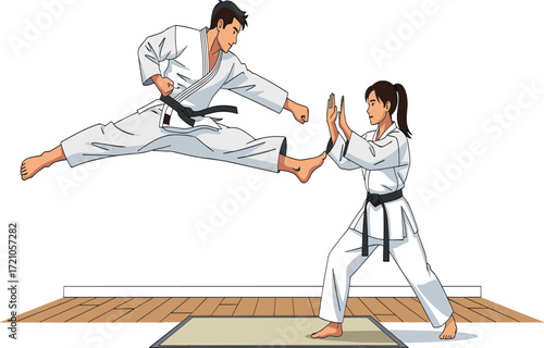 Martial arts training action, karate man jumping high kick attack, woman defense stance, black belt discipline, sports competition, dojo practice