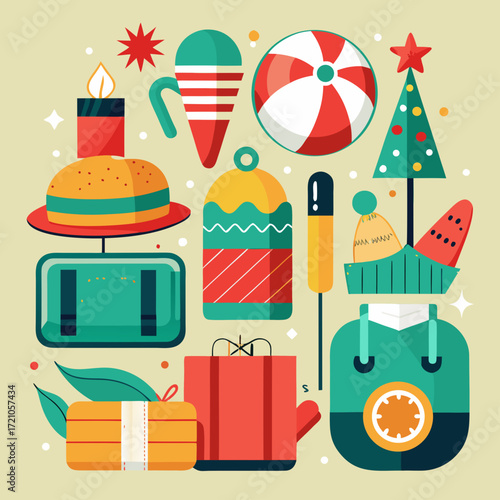 Modèle de conception de carte de voeux de joyeux anniversaire, de noël ou de fête avec illustration de gâteau, décoration et joli ruban cadeau
