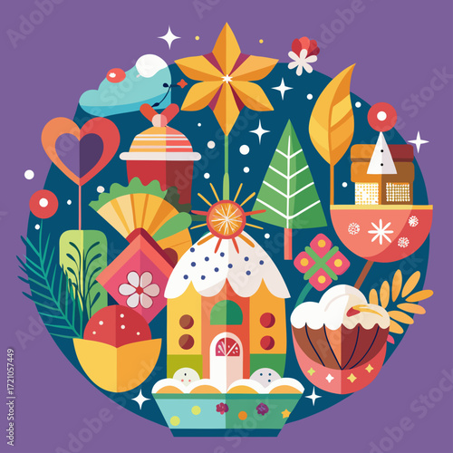 Joli oiseau content sur une carte de noël avec un cadeau d'anniversaire et un gâteau
