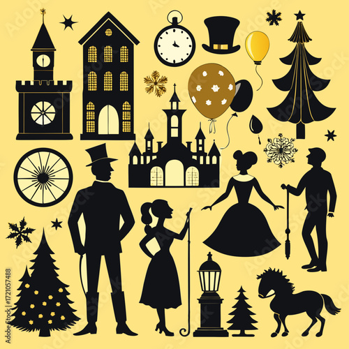 Black cat and couple silhouette illustration, a scary Halloween night in London