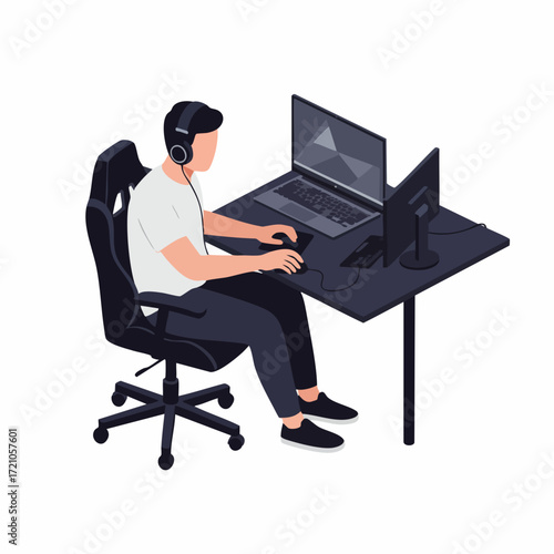 Minimalist Style Gamer at Desk with Laptop and Monitor Illustration