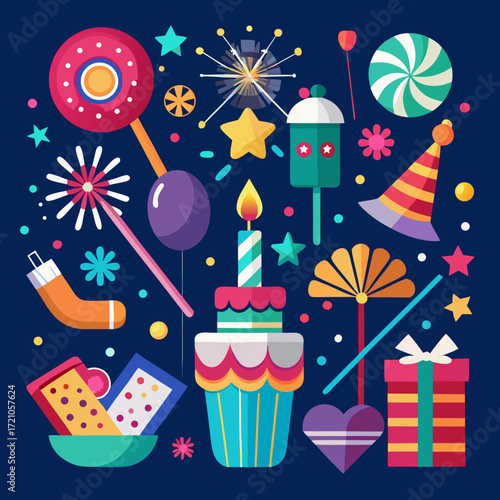 Carte de voeux joyeux anniversaire ou bonne année avec un cadeau de noël, des ballons et de la décoration