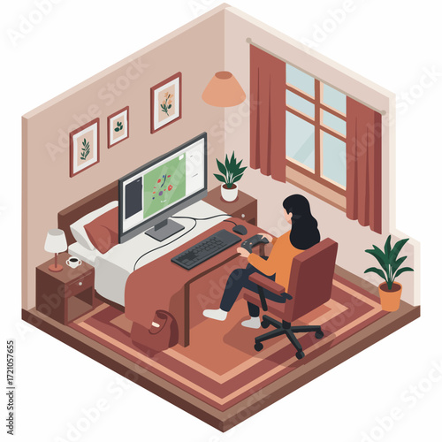 Isometric Detailed Woman Working at Home Office Space Illustration