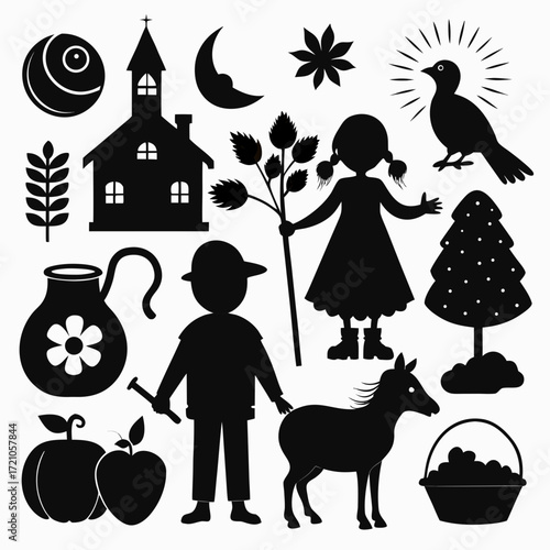 Silhouette Halloween de chat et chien sur une citrouille avec une chauve-souris et une araignée en noir