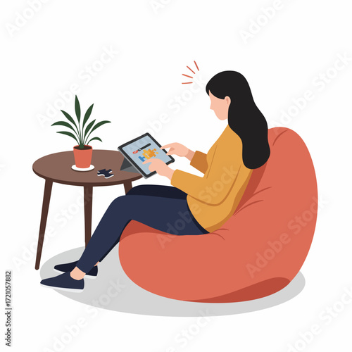 Flat Illustration of Woman Using Tablet on Beanbag Chair at Home