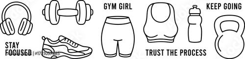 Gym girl equipment doodle strength training gear women clothes weights pilates outfit outline drawings. Dumbbell kettlebell headphones shorts and bra black minimal aesthetic logo sticker starter pack.
