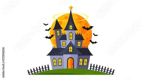 Spooky Manor under the Full Moon: A captivating illustration of a spooky manor, silhouetted against a vibrant full moon and accompanied by eerie bats. Perfect for Halloween!