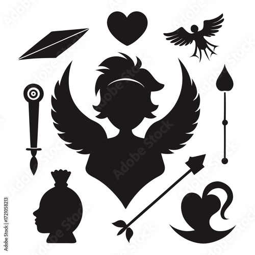 Illustration of a beautiful witch femme silhouette with floral grunge hair and a black rose