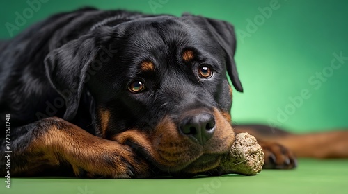 Close up of a rottweiler lying down with its head resting on a bone against green background
