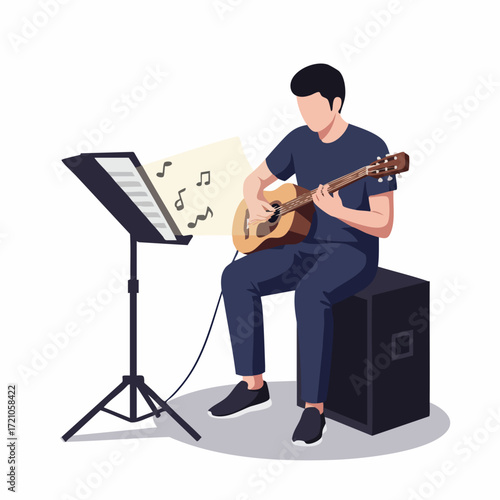 Minimalist Flat Illustration of Man Playing Acoustic Guitar with Music Stand