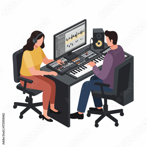 Flat Illustration Professional Music Production Studio Workspace with Producer and Sound Engineer