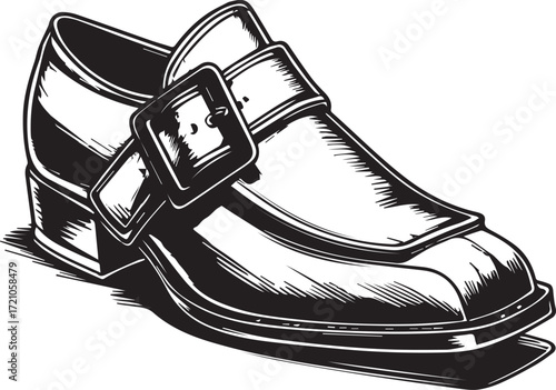 Classic Buckle Shoe: A vintage buckle shoe, meticulously rendered in high contrast, showcasing a sleek and timeless design, perfect for a touch of classic sophistication.
