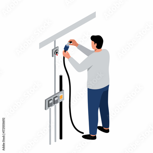 Isometric Detailed Man Plugging Cable into Outlet Energy Saving Illustration