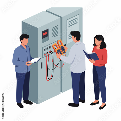 Isometric Three People Inspecting Electrical Panel Board Illustration