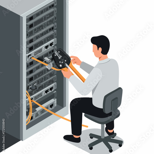 Flat Style Detail Man Configuring Server Rack Network Illustration