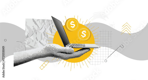 Unlock financial success with a laptop and golden coins, symbolizing digital earnings and investment opportunities in a modern, abstract design