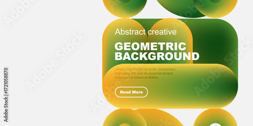 Abstract geometric background features vibrant green, yellow shapes. Text promotes creative design, includes read more button. Minimalist style.