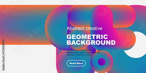Vibrant abstract shapes overlap, creating colorful geometric background. Text promotes further exploration. Modern design elements present.