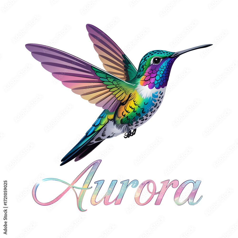 Obraz premium Rainbow Hummingbird in Flight with Aurora Name Graphic