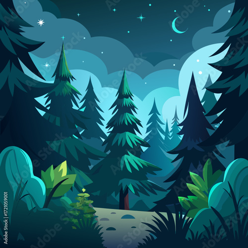 Un arbre de noël vert et homogène avec des illustrations de pins et de sapins dans un paysage de forêt d'hiver enneigé pour une célébration de vacances de décembre