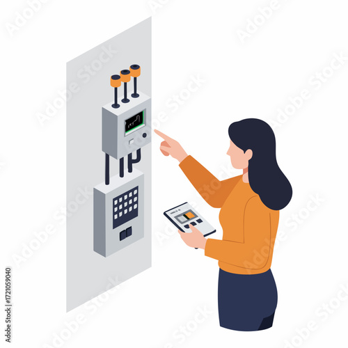 Flat Style Detailed Energy Meter Checking Process with Mobile Application Illustration