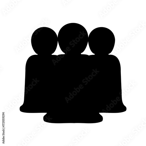 Black silhouette of three stylized figures standing together on a white background