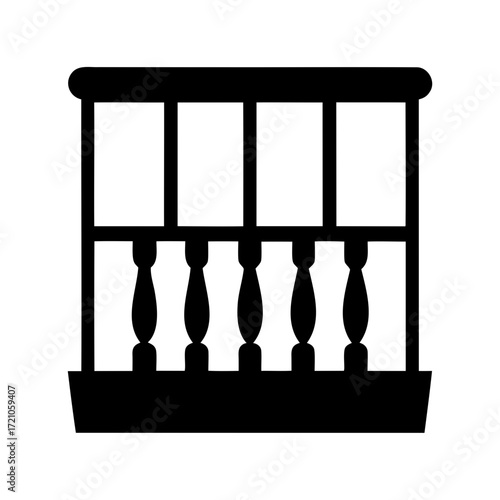 Simple black and white illustration of a balcony with balusters and railings