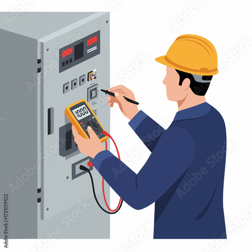 Detailed Flat Style Electrical Panel Inspection by Technician Illustration
