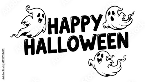 Happy Halloween: The words Happy Halloween float amidst a friendly ensemble of cartoon ghosts, embodying the playful spirit of the holiday.