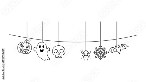 Spooky Garland of Icons: A whimsical illustration features a collection of festive Halloween symbols delicately suspended from a fine line. The artwork captures the spirit of the holiday with icons. 