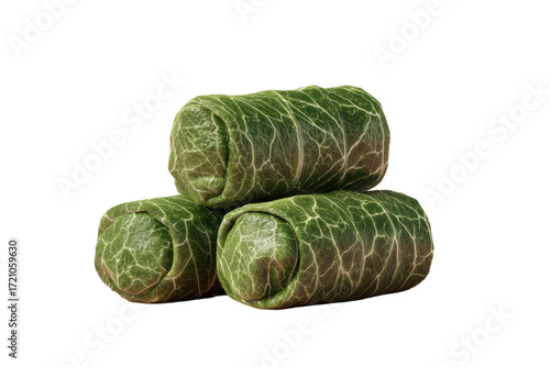 Three fresh stuffed cabbage rolls on black background, cut out