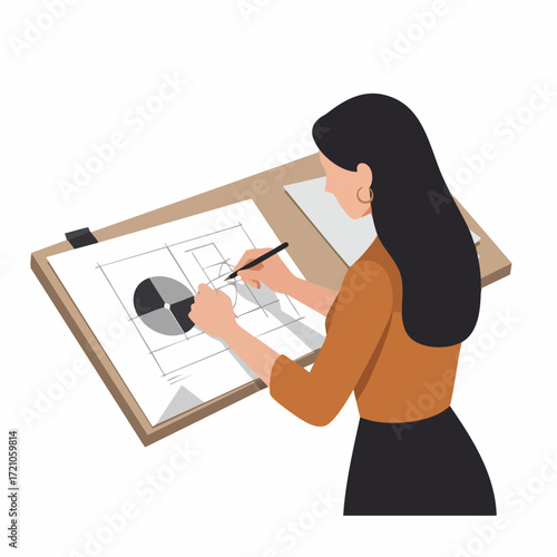 Flat Illustration Architect Woman Drawing Blueprint on Drafting Table Concept