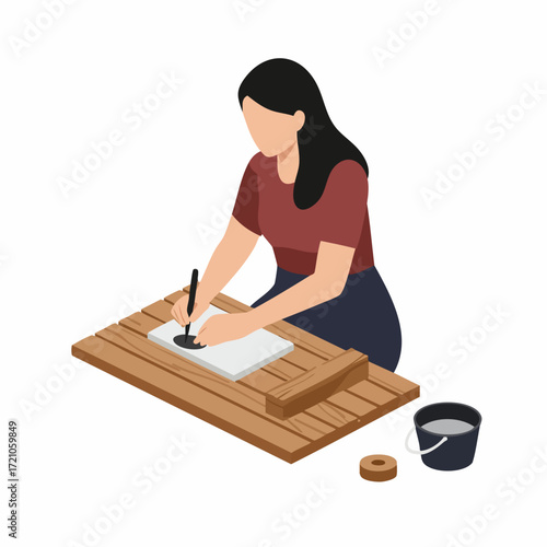 Isometric Faceless Woman Working on Crafts with Brush Illustration