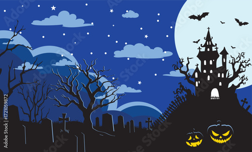 Halloween Haunted Castle Vector Illustration on Dark Blue Background