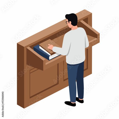 Isometric Illustration Man Selecting a Book From Wooden Bookshelf in Library