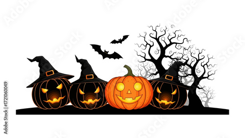 Spooky Pumpkins for Halloween: A whimsical illustration of Halloween featuring four smiling pumpkins, each adorned with witch hats and carved with eerie faces.
