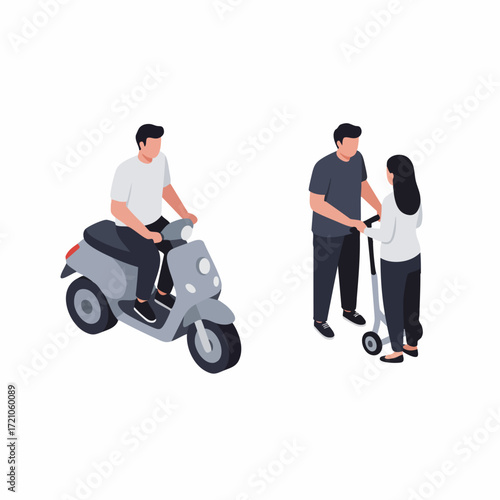 Isometric Modern Motor Scooter and Push Scooter with People Illustration