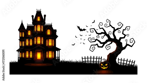 Spooky Halloween Silhouette: An atmospheric silhouette of a haunted mansion, a gnarled tree, and bats, creating a sense of unease and mystery, ready for the trick-or-treat night.