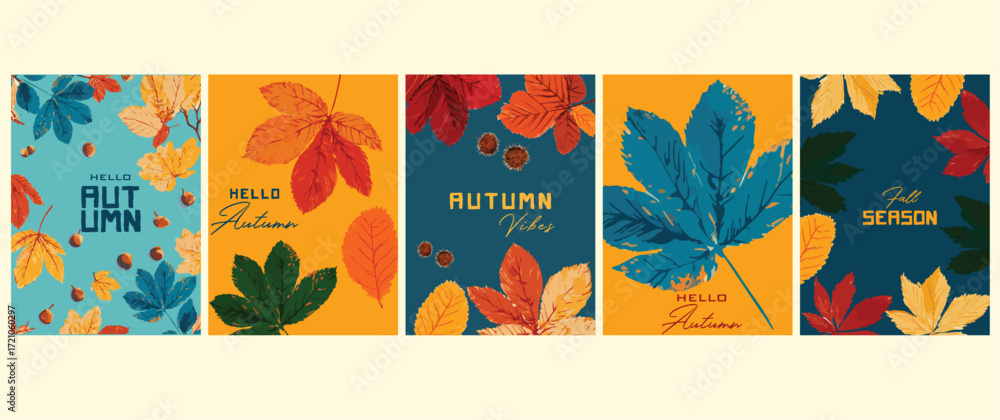 Naklejka premium Autumn Leaves Vector Card Set. Fall Season Illustration.