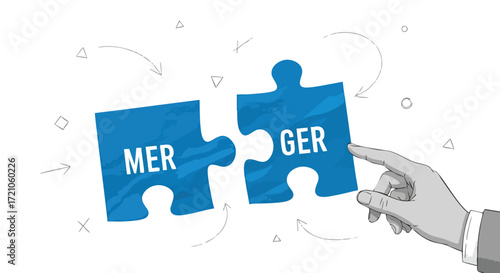 A hand is connecting two puzzle pieces that form the word MERGER, symbolizing business consolidation and partnership.