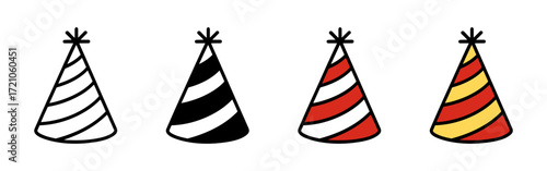 Birthday party hat icon set. Party cone and Christmas cap with decoration.