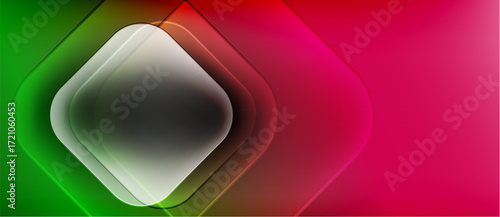 Abstract design features layered squares, gradient colors transition from green to pink. Minimalist composition, modern aesthetic.