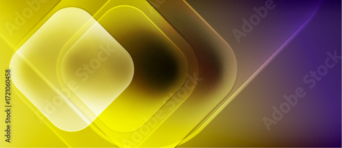 Abstract geometric design. Yellow, purple gradients create layered squares, lines. Modern, vibrant visual composition.